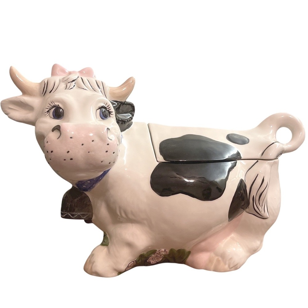 VTG Ceramic Cow Cookie Jar Black White Pink Bow Granny Twin Winton Cottage 16"